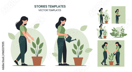 Collection of vector illustrations featuring women tending to houseplants in various scenes