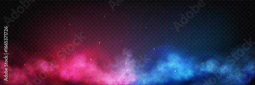 Red and blue smoke clouds with neon glow effect on black background.Realistic vector fog overlay for sport versus confrontation.MMA or boxing fight poster design.