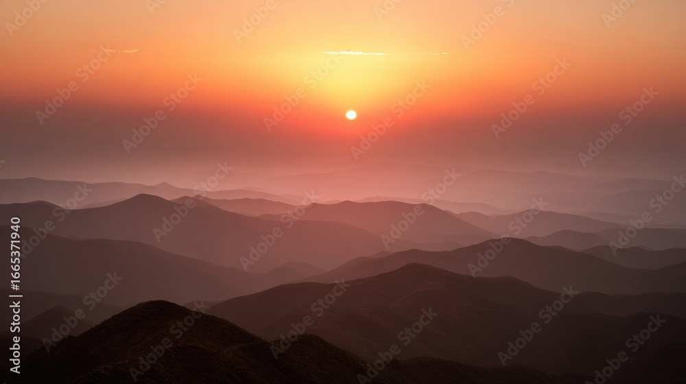 Obraz premium Vivid Sunset Over Mountain Ranges With Soft Hues and Distant Silhouettes Creating a Tranquil Atmosphere in the Evening Sky
