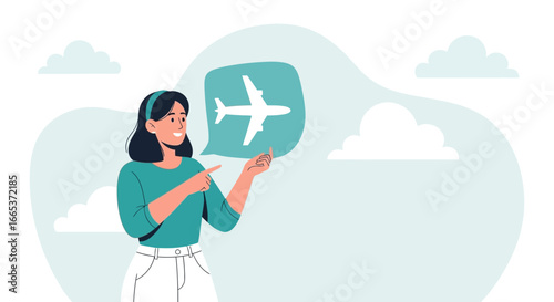 Dreaming of travel: A woman points to an airplane in a thought bubble suggesting vacation plans