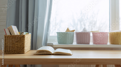 children's reading nook with smooth light wooden desk, blank open book, soft pastel storage baskets, gentle natural light from window, simple modern design