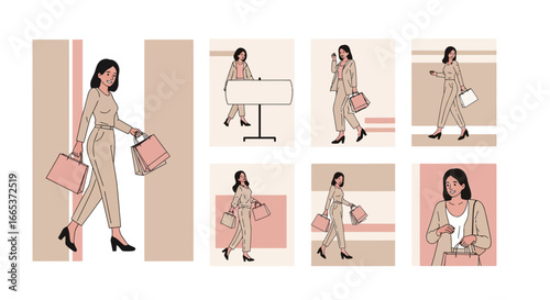 Elegant woman shopping with bags in hand, cartoon vector illustration style showcasing retail and