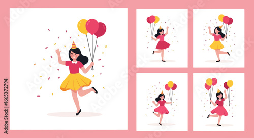 Festive celebrations illustrated with joyful woman balloons and confetti in vector design