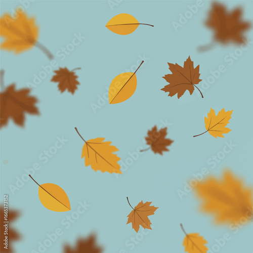 Falling autumn leaves in a minimalist 2D flat design style gently drift downwards against a clean, uncluttered background, evoking a serene seasonal mood.