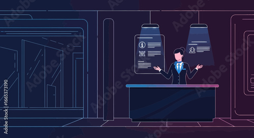 Futuristic reception desk with information and staff representative vector illustration