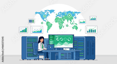 Global data analysis by woman in server room for interconnected world insights