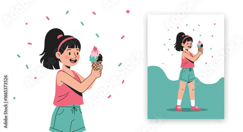 Illustration of a cheerful girl with ice cream celebrating a sweet occasion with confetti