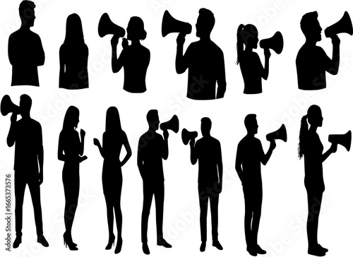 Attractive people with megaphone silhouettes
