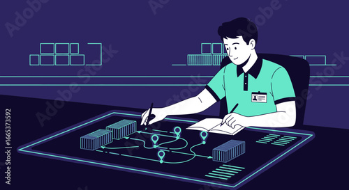 Illustration of a logistics worker planning a shipping route in a modern environment
