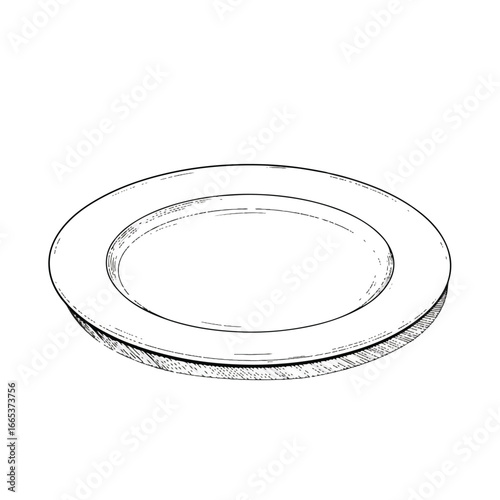 A simple vector illustration featuring an empty circular dinner plate, meticulously rendered with a clean black outline against a pristine white background, perfect for minimalist food concepts.