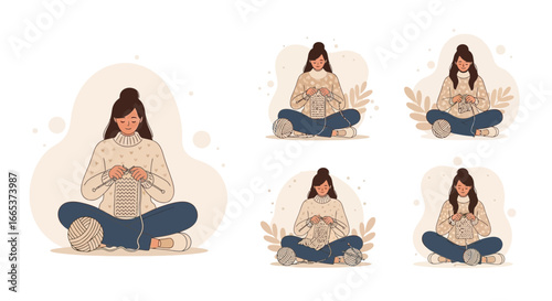 Illustrations depict the serene pastime of a woman knitting in various artistic compositions