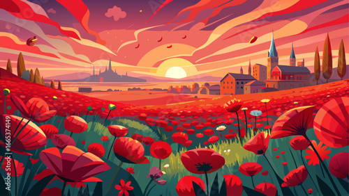 Vast poppy meadow stretches close to historic town, radiant red blossoms glowing beneath sky, timeless charm whispers harmony, eternal nature inspires serenity, peaceful fields breathe beauty across 
