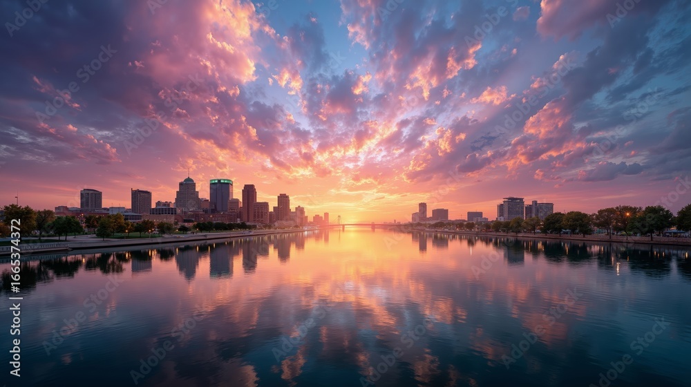 Fototapeta premium A view of a city skyline at sunset from across the water