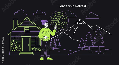 Leadership retreat illustration with mountain cabin and man pointing at target emphasizes team