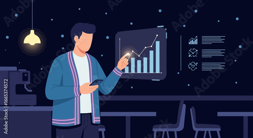 Man analyzing financial data on screen with smartphone in office workspace for growth