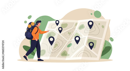 Man with backpack planning a trip using a large map with location pins destination journey adventure