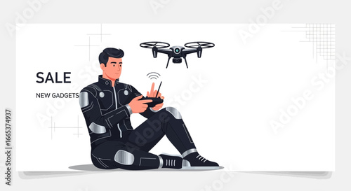 Modern technology advertisement showcasing a man controlling a drone on sale event