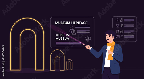Museum heritage presentation with neon archways and illustrative graphics concept
