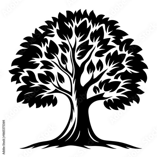 A majestic and stylized black silhouette of a tree with full leaves