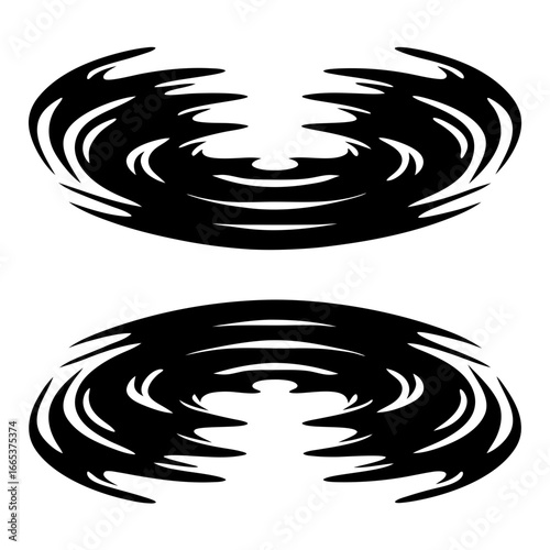 Symmetrical black and white abstract drawing evoking water ripples and movement