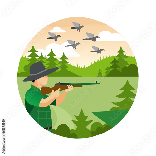 Hunter aiming a rifle at flying birds in a forest, ready to shoot