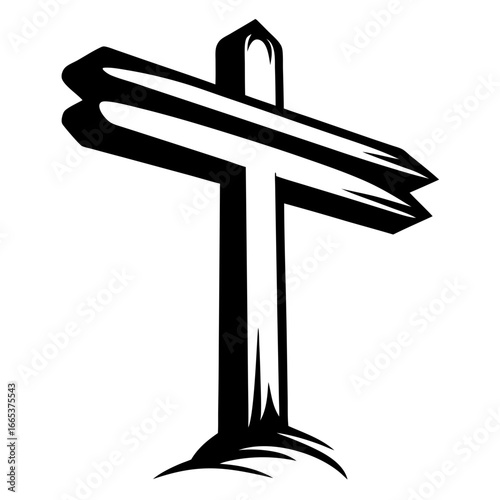 Black and white illustration of a directional signpost with unique design