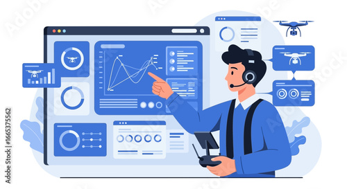 Professional Drone Operator Monitoring Data Analytics and Performance Metrics on a Dashboard