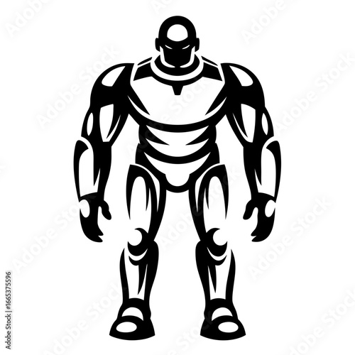 Bold Robotic Warrior Standing Tall in Detailed Black and White Illustration