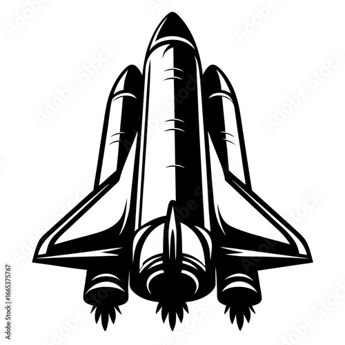 Detailed monochrome vector illustration of a space shuttle launching with exhaust flames