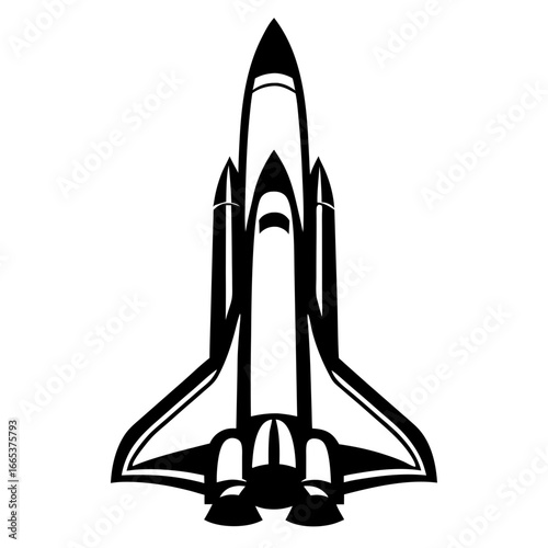 Monochrome depiction of a space shuttle launching into the vast unknown void