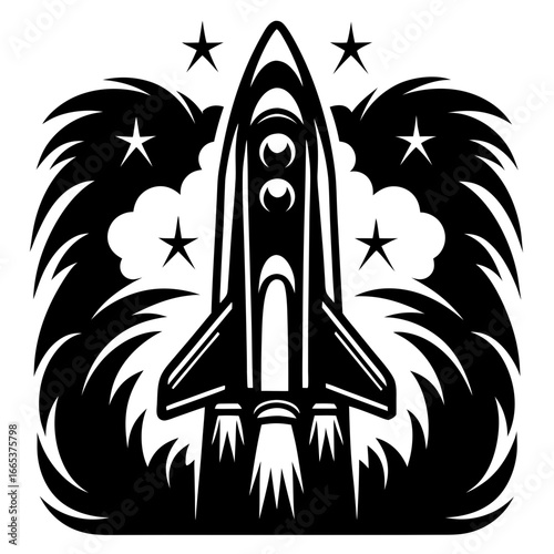 Black and white stylized illustration of a space shuttle launching into space