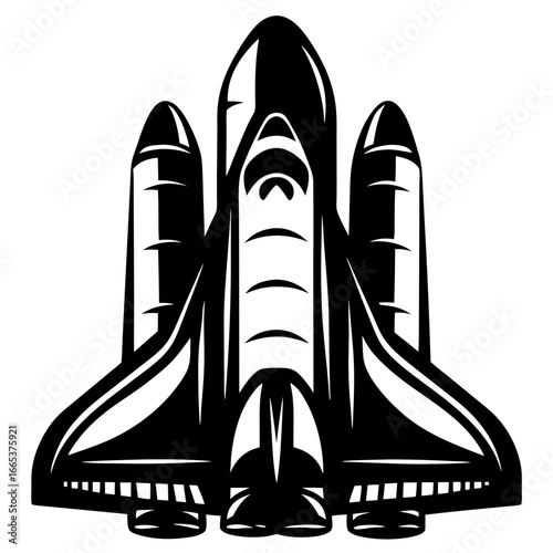 Monochromatic illustration of a detailed space shuttle, showcasing stylized design elements