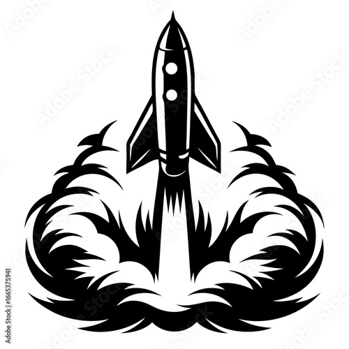 Rocket Launching Through Clouds of Smoke in Black and White Graphic