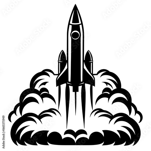 Black and white vector illustration of a rocket launch and plumes