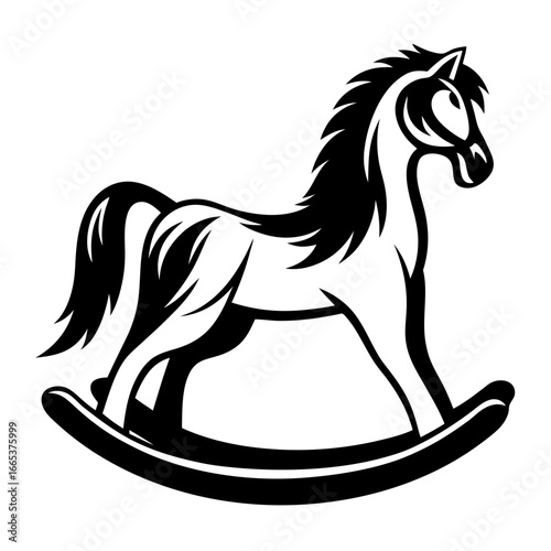 Black and white graphic rendering of a classic rocking horse toy