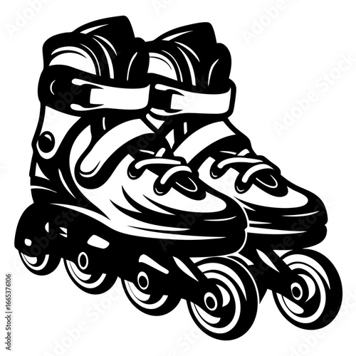 Bold black and white graphic illustration of a pair of inline skates