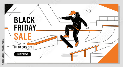 Stylish Black Friday Sale Advertisement with a Skateboarder in a Skate Park Design