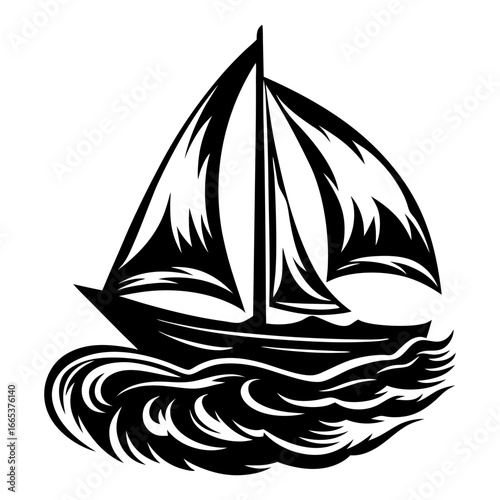 Bold black and white silhouette of a sailing ship in choppy waters