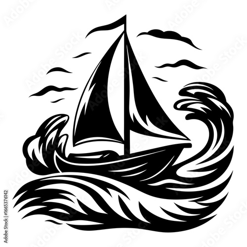 Monochromatic sailboat sailing through turbulent waters with a cloudy sky above it