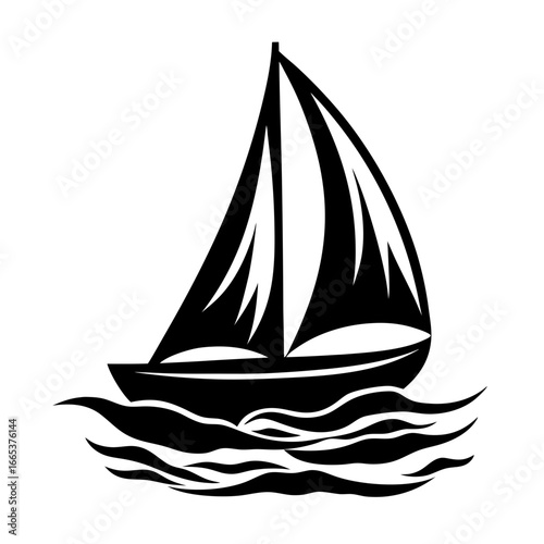 Stylized black and white sailboat illustration on a wavy sea surface