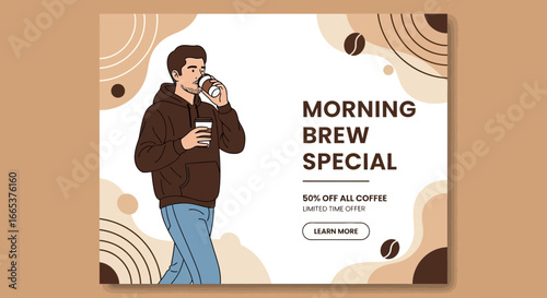 Stylish coffee ad featuring a man enjoying a coffee break with a special discount offer