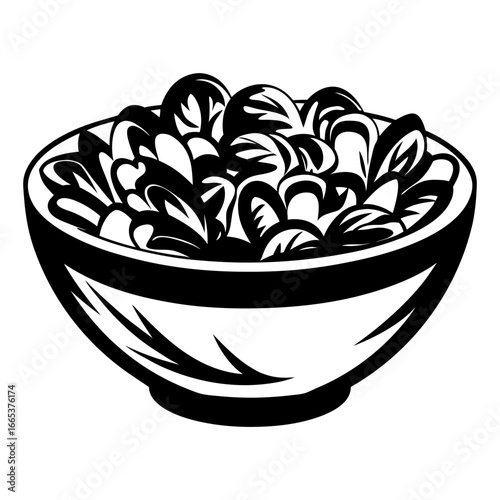 Black and white illustration of a bowl filled with abstract contents