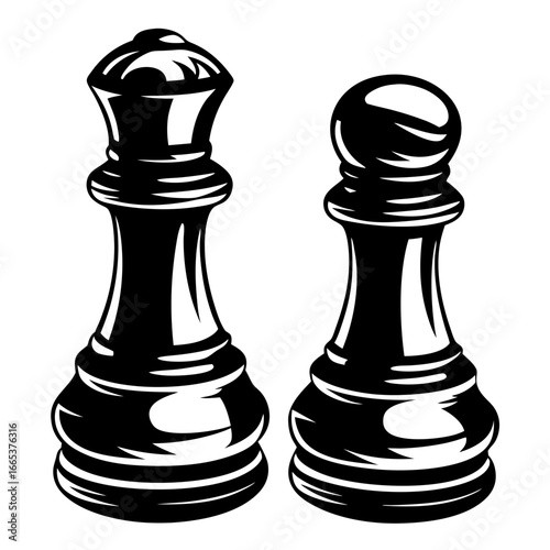 Isolated black chess pieces queen and pawn illustration on white background