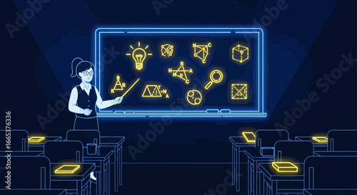 Teacher Explaining Math Problems on a Glowing Blackboard in an Empty Classroom with Neon Light Style