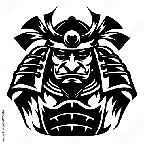 Intricate depiction of a Samurai warrior's helmet in stark black and white