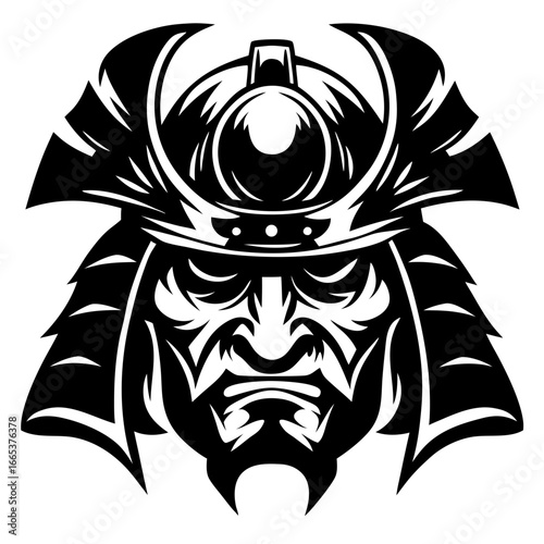 Monochromatic depiction of a formidable samurai warrior helmet and mask design