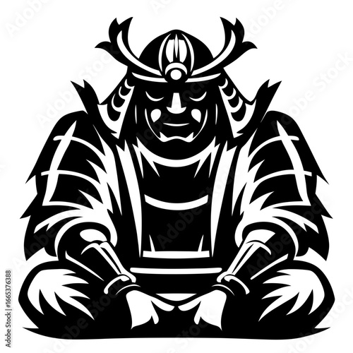 Monochrome illustration of a formidable Samurai warrior in traditional armor and helmet
