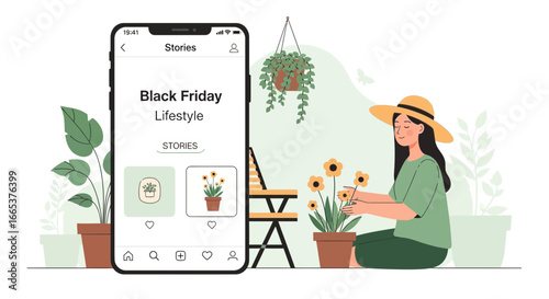 Trendy Black Friday Lifestyle on Mobile App with Woman Gardening and Plants