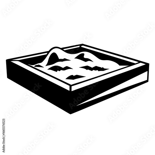 Monochrome square sandbox with sculpted sand showcasing perspective and design elements
