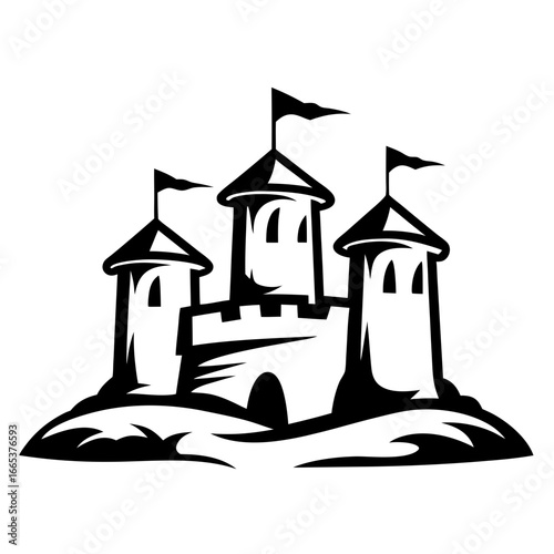 Silhouette of a majestic castle with flags and turrets on a hill